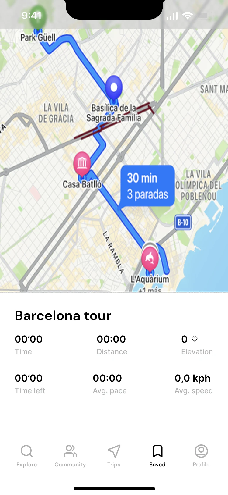 Active Barcelona route with map and activity metrics