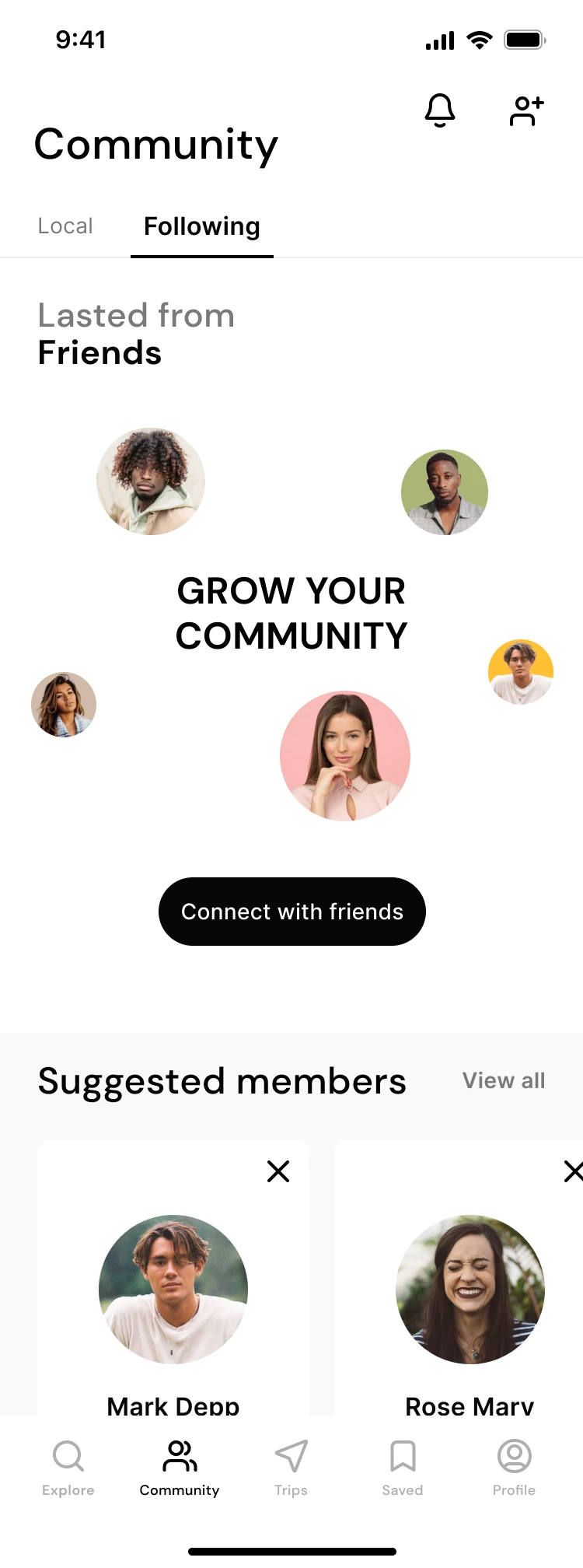 Community screen with following and suggested members