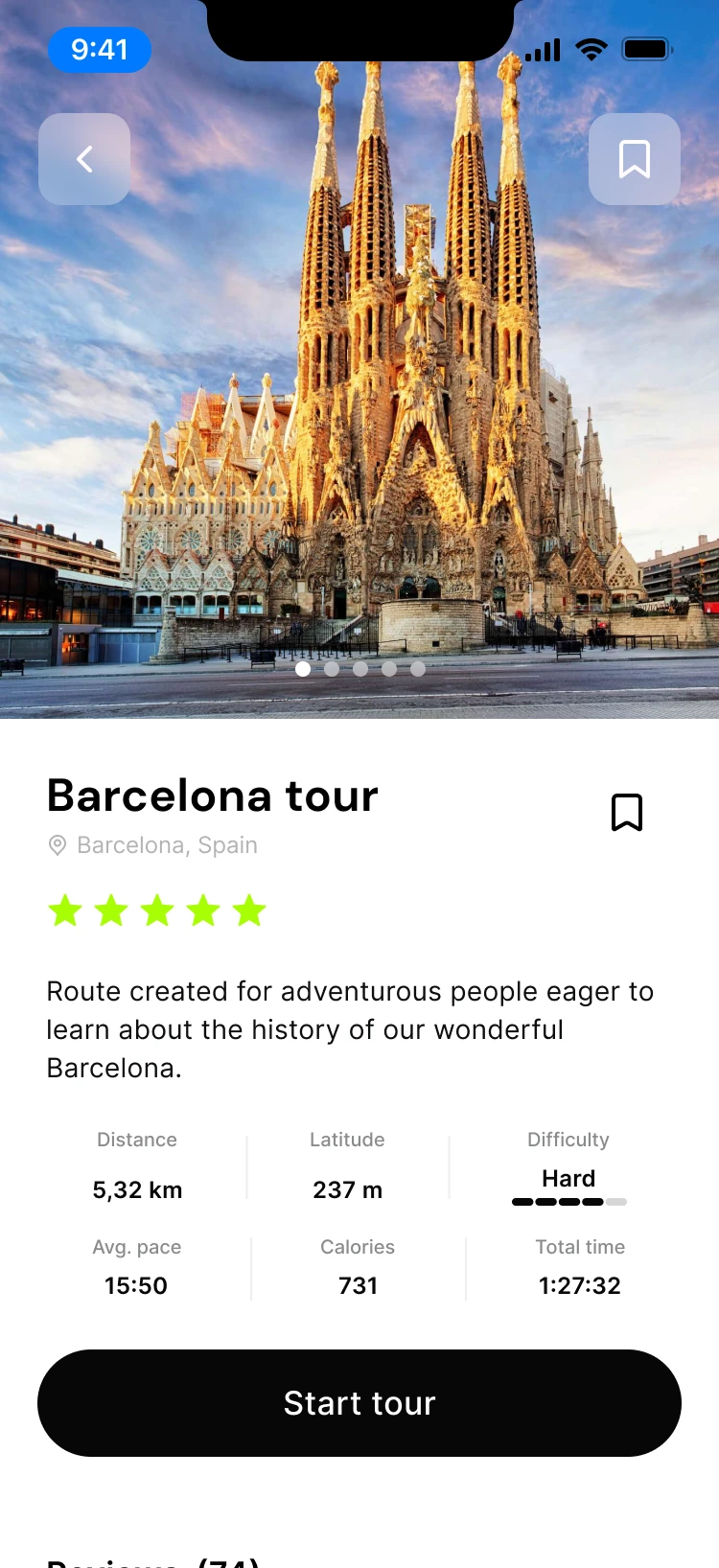 Route overview, metrics, difficulty and Start tour